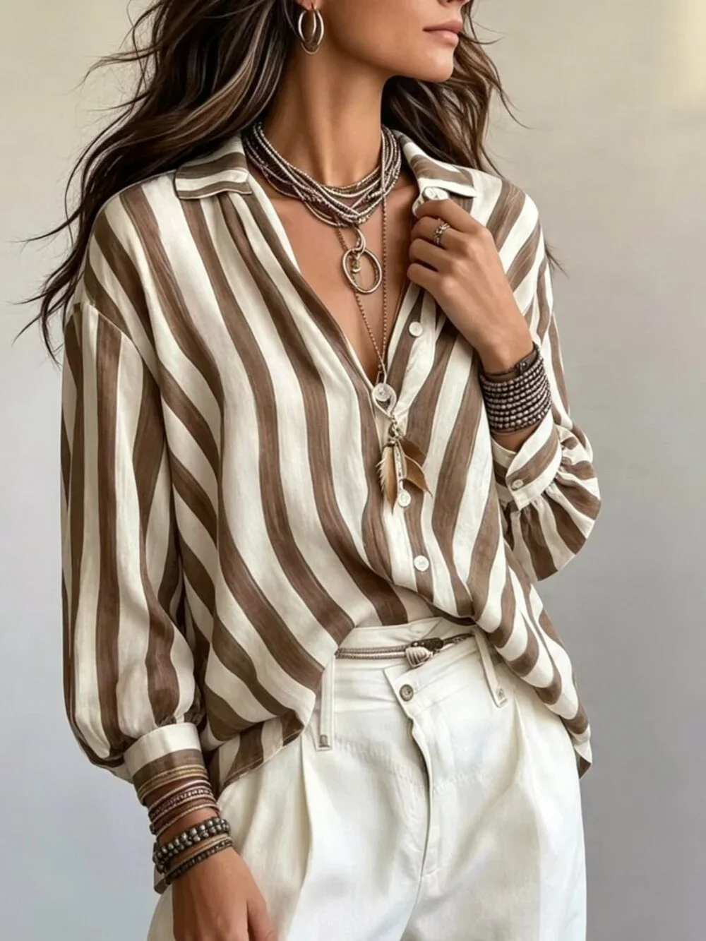 Brown Casual Women's Striped Oversized Long Shirt